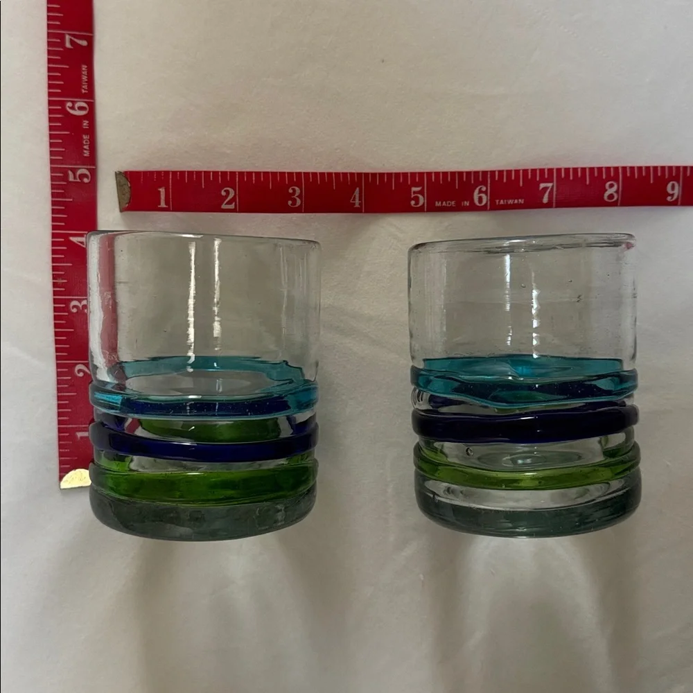 MEXICO HANDBLOWN TUMBLER GLASSES 2 SET STRIPES Cobalt Aqua Green Barware 12 oz